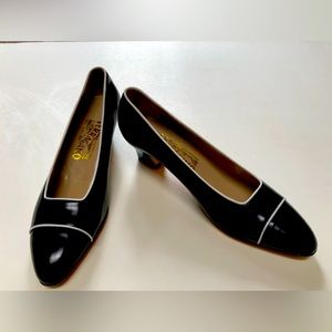 Vintage Salvatore Ferragamo Black Heels with White Accents